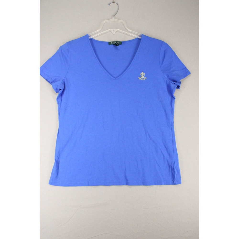 Lauren Ralph Lauren T-Shirt V-Neck Womens XL Blue Cotton Gold Logo Preppy